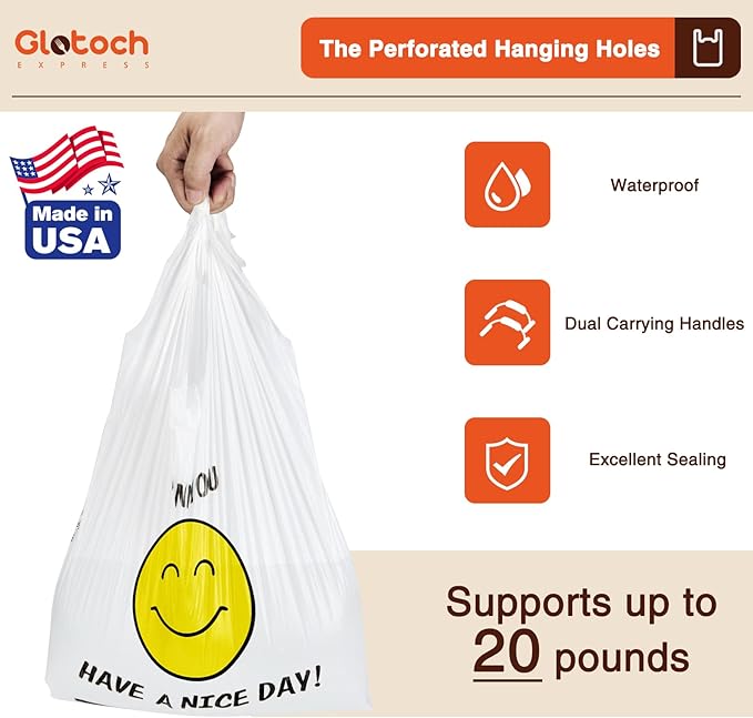 Glotoch 1000 Count Plastic Thank You T-shirt Bags Smile Face, 11.5 x 6.5x 21" HAVE A NICE DAY Grocery Shopping Gift Bag with Handle for Restaurant, Retail, Takeout, Convenience Store, in Bulk Business