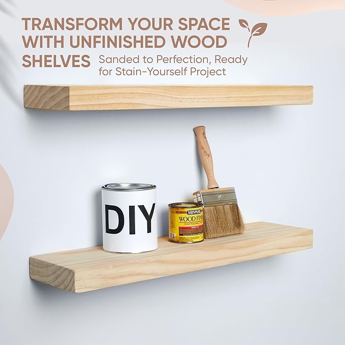 Homeforia 24 inch Wood Floating Shelves, High-End Solid Natural Wood 24-inch Floating Shelf for Wall, Unfinished Wooden 24-inch Floating Shelves, Heavy Duty Bracket, 24 X 6.5 X 1.75 in, Set of 3