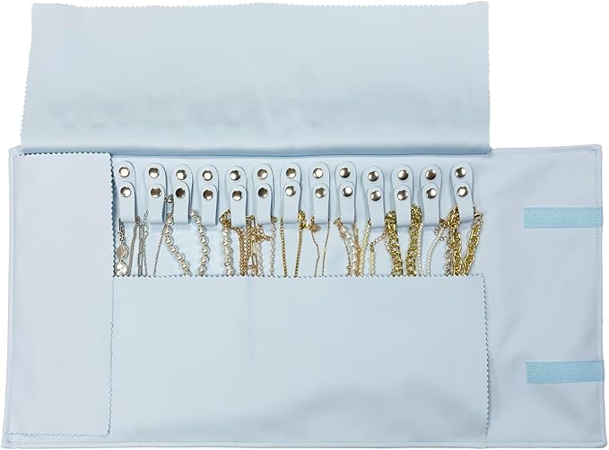 UnionPlus Travel Jewelry Roll, Faux Leather Necklaces Organizer Bag, Elastic Band and Anti-winding, Air Blue