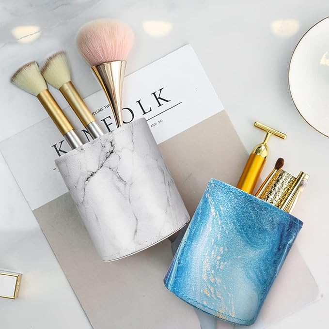 WAVEYU Marble Pen Holder for Desk, Pencil Organizer Office Decor, Large Makeup Brush Holder Pu Leather Multi-Functional Organizer Cup for Office, Home, Classroom, Blue Marble