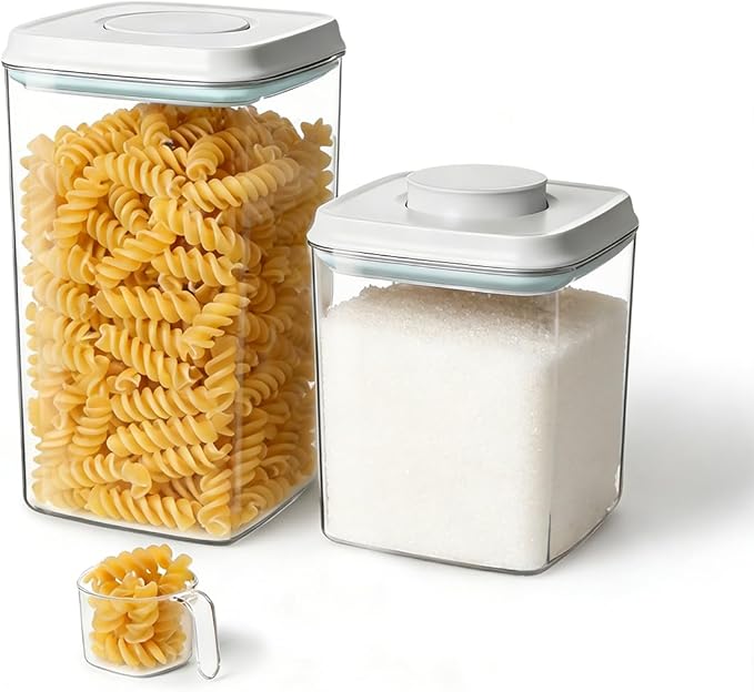 Airtight Food Containers Set with One-Touch Lid, Mixed Size Set (2.8 QT / 2.65 L & 4.2 QT / 4.0 L) with Scoop, Stackable Jars for Complete Kitchen Organization.