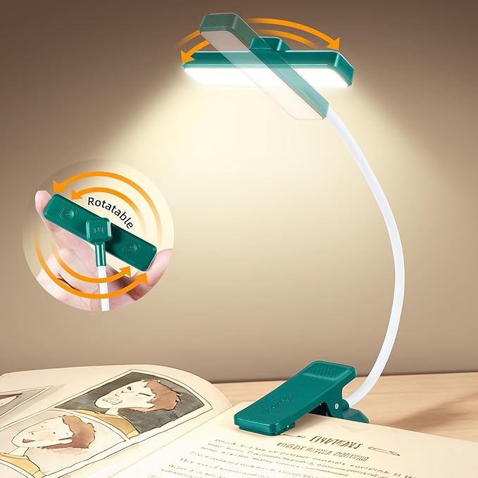VAVOFO Rechargeable Book Light Rotatable：24 LEDs Reading Light, 3-Color & 9-Brightness Book Lamp, Eye Cared 120Hrs Runtime Lightweight Clip on Led Light for Book Lovers (Green)