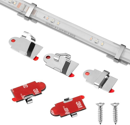 Threetwofour 100 Pack Double Fix LED Tape Light Mounting Bracket Self Adhesive LED Strip Clips Use for Width 10-17mm/0.39-0.66in Height<5.0mm/0.19in Silicone Tube Outdoor LED Strip Light with Screws
