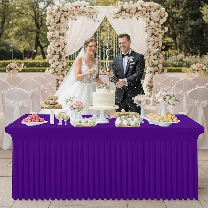 Smiry Spandex Tablecloth 2 Pack, Elastic Fitted Stretch Tablecloth for 8FT Rectangle Tables, Waterproof Washable Table Cover Skirt for Wedding, Banquet & Parties (Purple, 96Lx30Wx30H Inch)