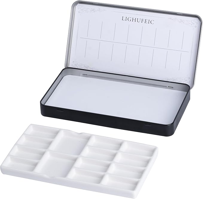 Travel Watercolor Palette,Portable Ceramic Palette with 14 Well,Metal Paint Box with Porcelain Palette(Blak Box)