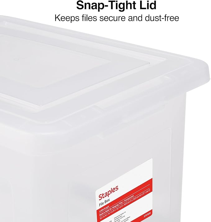 STAPLES Hanging File Folder Box, Storage Bin Organizer, Snap Lid, Letter & Legal Size Documents, Clear