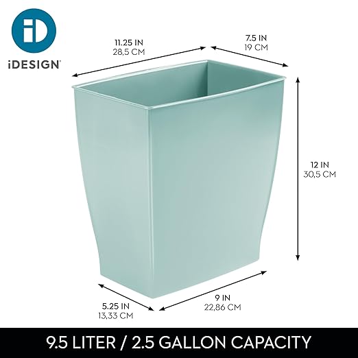 iDesign Small Plastic Bathroom Trash Can, Slim Rectangle Garbage Bin for Bedroom, Office, Dorm, Soft Aqua Blue