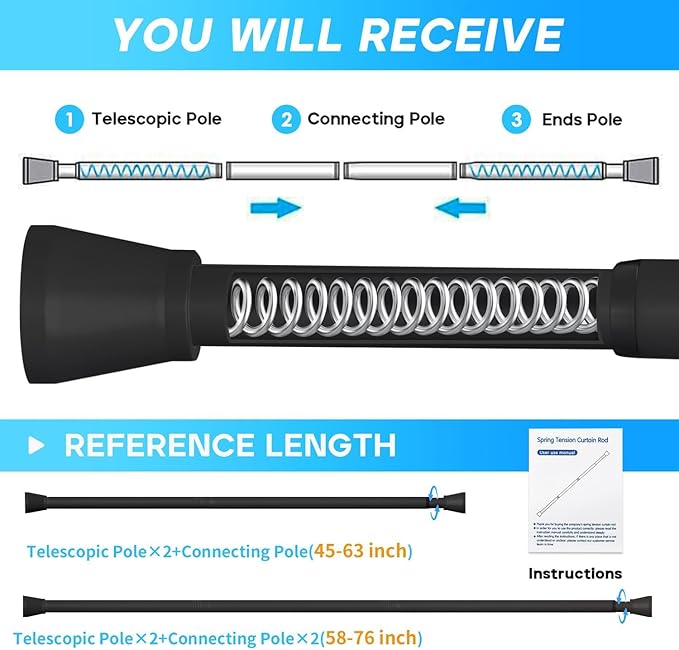 Shower Curtain Rod Black Tension Rod 45 to 77 Inch 2PCS Spring Curtain Rod Shower rod Non Slip shower curtain rod 1pcs for Windows No Drilling Adjustable Tension Rods of Curtain Window Closet Kitchen