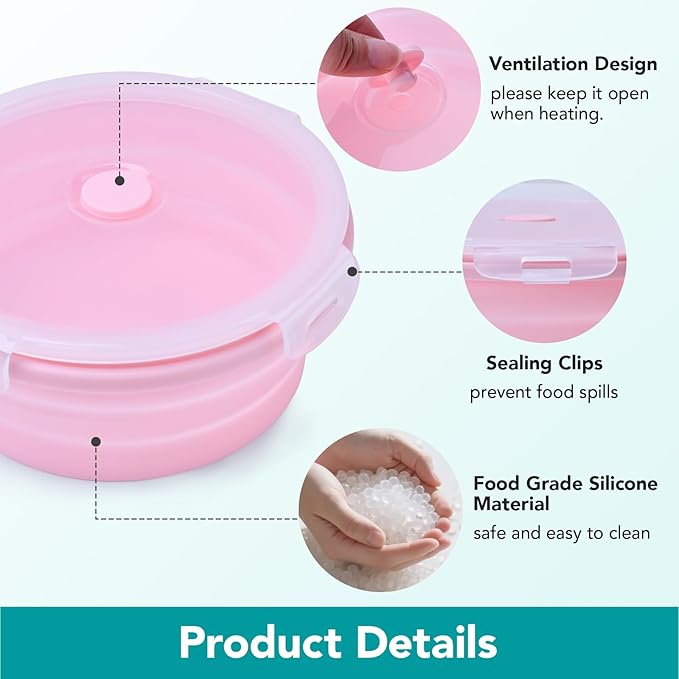 Collapsible Food Storage Containers Set, 4 Pack Round Silicone Collapsible Bowls with Lids, Silicone Lunch Container, Foldable Food Bowl for Kitchen & Camping Containers 4 Sizes
