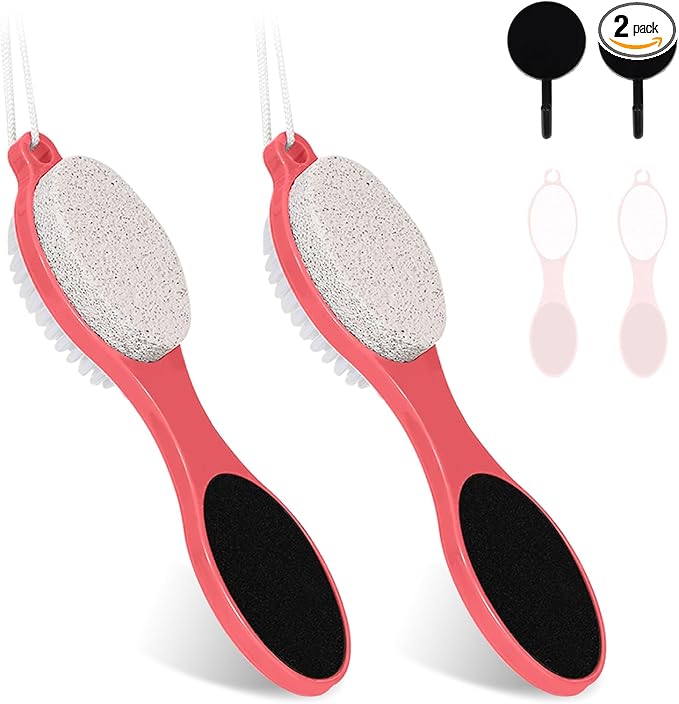 Foot File Callus Remover-2 Pcs 4 in 1 Foot Scrubber Dead Skin Remover for Feet,Pumice Stone, Foot Rasp and Sand Paper for Home Foot Care,Foot Brush for Shower (Red Pedicure Foot File)