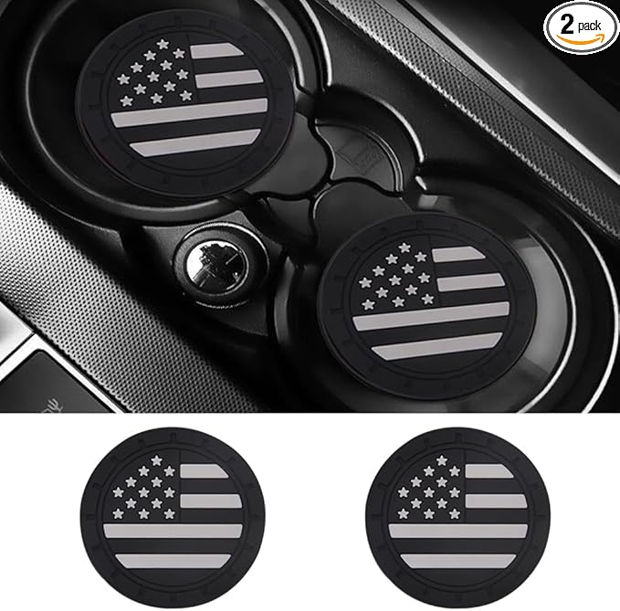 ACODABLEM 2 Pack Car Cup Holder Coaster, 2.75 Inch American Flag Soft Rubber Pad Set Round Auto Cup Holder Insert Drink Coaster Car Interior Accessories (Black White)