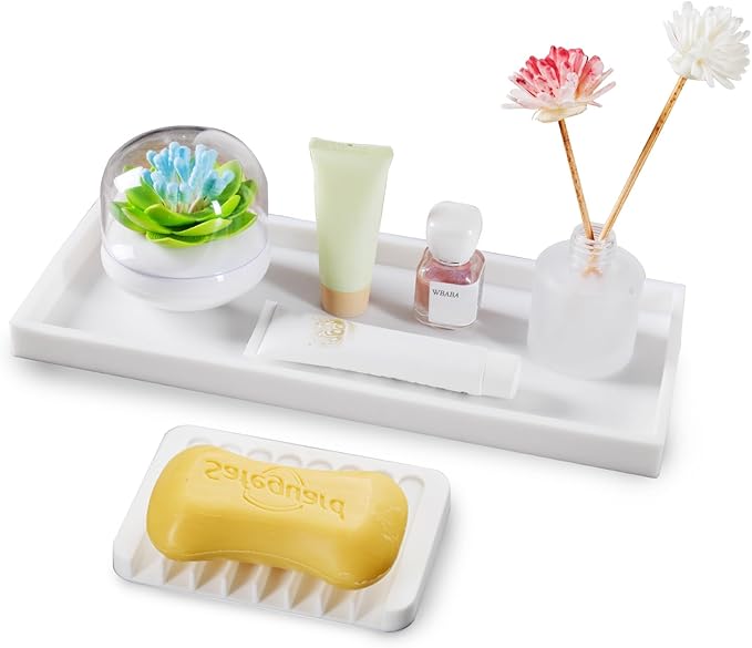 Bloss Small Bathroom Vanity Tray with Soap Dish, 8 x 4 inch Silicone Kitchen Sink Soap Tray, Bathroom Counter Trays Organizer for Candle Perfume Jewelry Key, White