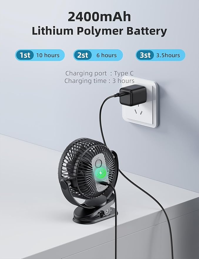 USB Portable Clip on Fan, 2400mAh Battery Type-C 6in, 3 Speed 720° Tilting Head, Black Personal Rechargeable Fan for Desk, Bedside, Golf Cart, Baby Stroller, Indoor & Outdoor Use