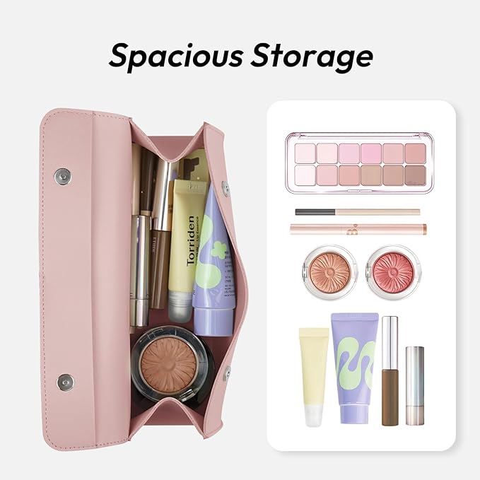 carrotez Stylish PU Leather Makeup Bag: Versatile Travel Toiletry Bag & Cosmetic Pouch, Small Makeup Organizer for Purse Essentials - Ideal Makeup Brush Holder & Sunglasses Case for Women - Pink