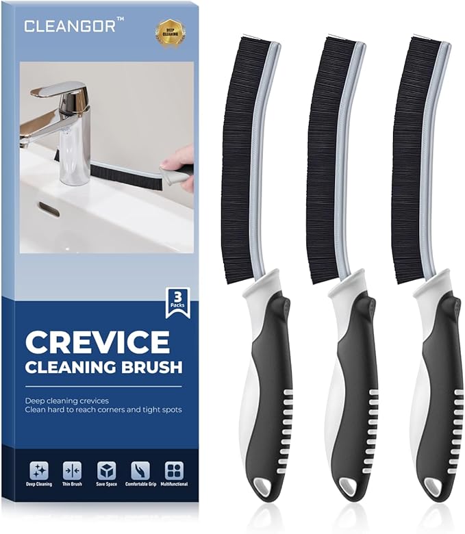 Cleangor Crevice Cleaning Brushes, Scrub Brush for Hard-to-Reach Small Spaces, Home Essentials, Cleaning Supplies, Cleaning Tools for Household Use, Bathroom, Shower, Kitchen, Toilet, Window (3, Black)