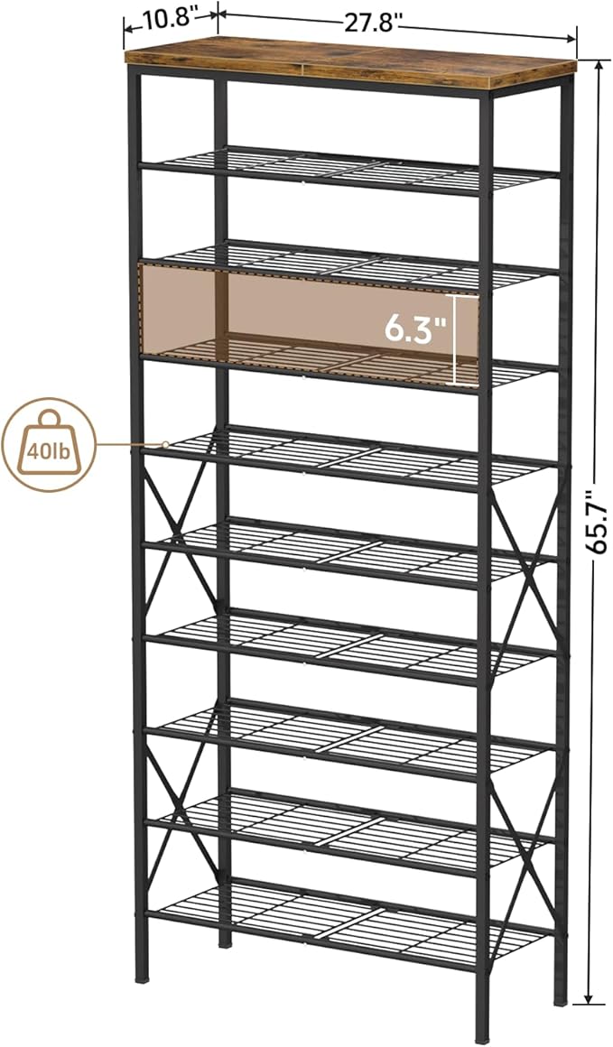 10-Tier Tall Shoe Rack, Large Capacity Shoe Shelf Holds 40-45 Pairs, Shoe Organizer for Entryway, Hallway, Living Room, Rustic Brown
