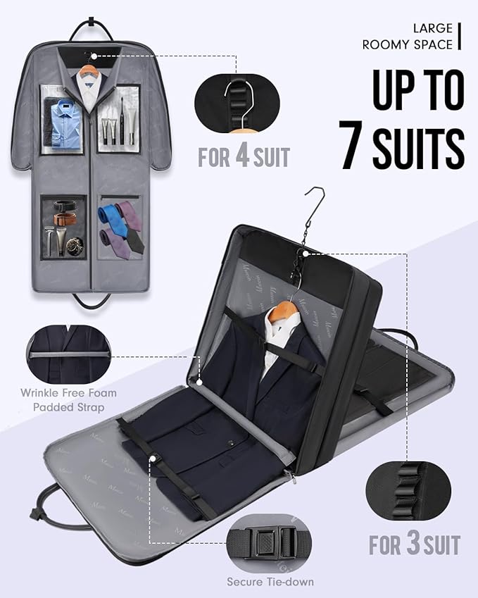 MATEIN Men's Garment Bags for Travel, Large Travel Suit Bag Up to 7 Suits with Strap, Wrinkle-Free Carry-On Garment Bags for Hanging Clothes, Business Suitcase Luggage Bag Fits 17.3 Inch Laptop, Black