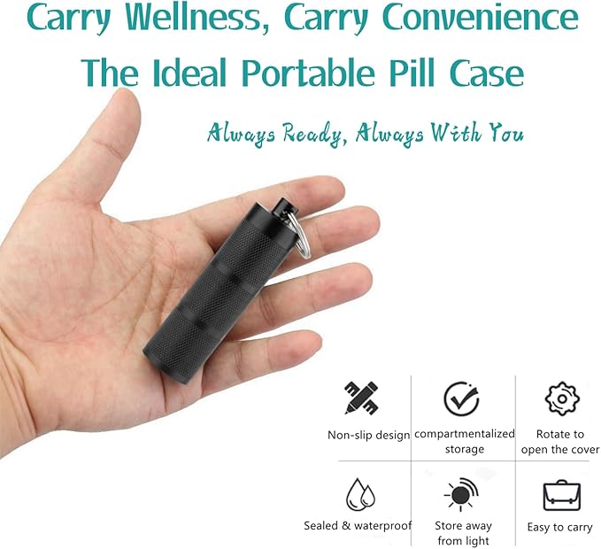 Waterproof Keychain Pill Holder - Compact, Portable, and Secure Pill Box with 3 Compartments - Pocket-Sized Pill Case and Container for Daily Medication on The Go, Black