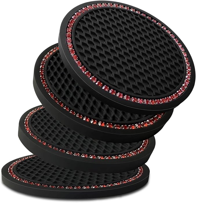 Car Cup Holder Coaster 4 Pack - Non Slip & Shockproof,Flexible PVC Rubber Insert for Car/Truck/SUV/Van (2.75"x0.2") Universal Fit Auto Cup Holders Accessories (Diamond Cup Coaster Red)