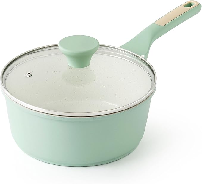 SENSARTE Ceramic Nonstick Saucepan with Lid 2.0 Quarts, Small Cooking Pot with Stay Cool Handle, Induction Compatible Saucepot, Ceramic Coating, Free of Intentionally Added PTFE/PFOA/PFAS, Mint Green