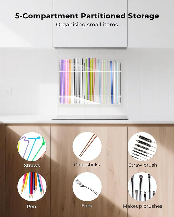 Straw Holder, Straws Organizer, Kitchen Counterware Storage Rack, Features Strong Adhesive Double-Sided Tape, Suitable for Countertops and Cabinets (Transparent)