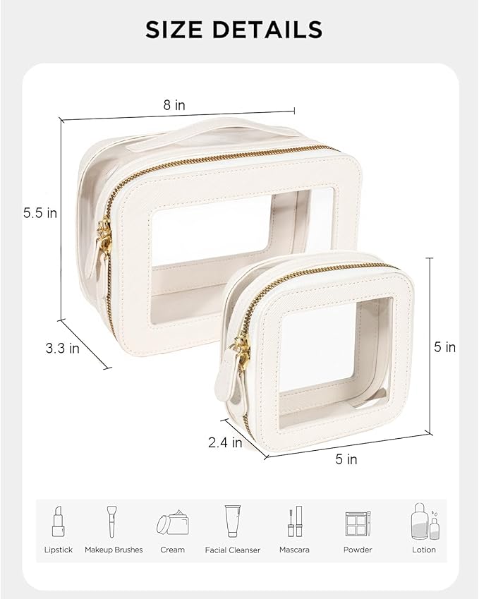 Clear Makeup Bag Set, Small Portable Clear Makeup Bag Cute Waterproof Travel Cosmetic Bag Makeup Pouch TSA Approved Toiletry Bag Women Traveling Car Organizer Car Essentials (White, Standard + Mini)