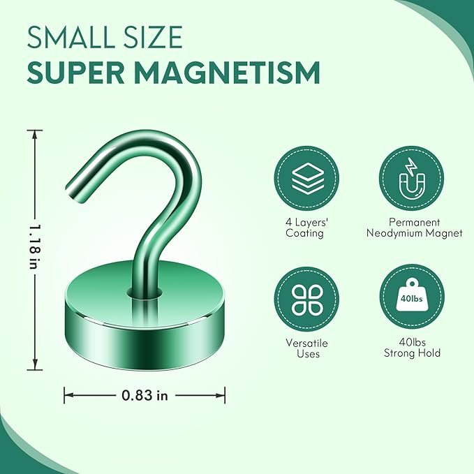 Neosmuk Magnetic Hooks, Cruise Ship Essentials, 40lb+ Heavy Duty Magnetic Hooks for Cruise Cabins, Refrigerator, Grill, Hanging, and Travel | Extra Strong Must-Haves Magnet Hook,Green