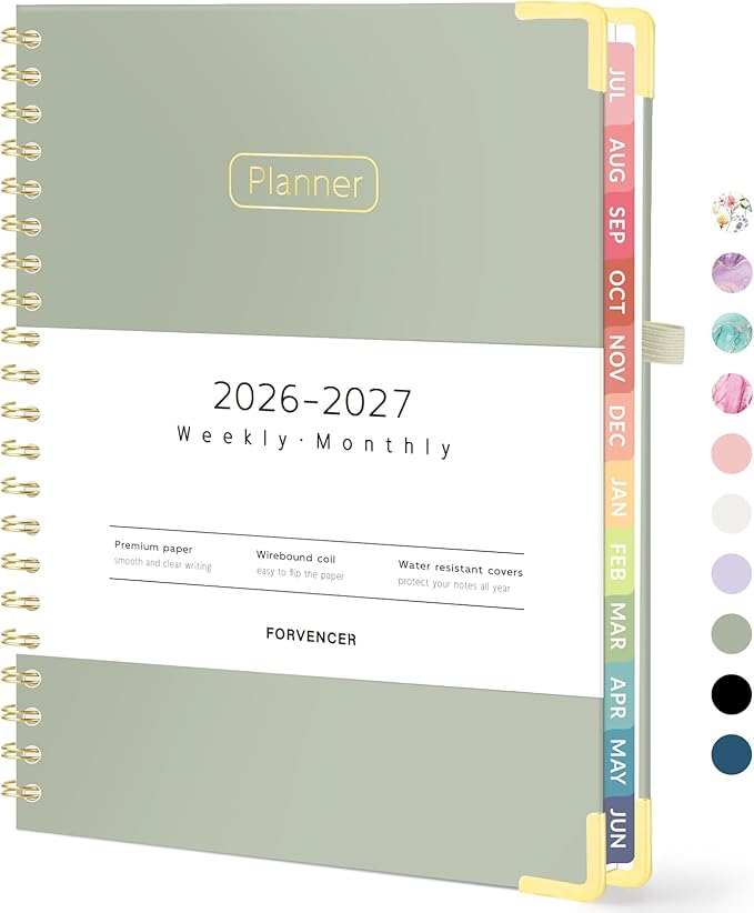 Forvencer Academic Planner 2026-2027, Hardcover Calendar Planner Weekly & Monthly, July 2026 - June 2027, 8.5" x 11", Daily Agenda with Tabs, College School Organizer for Student Teacher, Olive Green