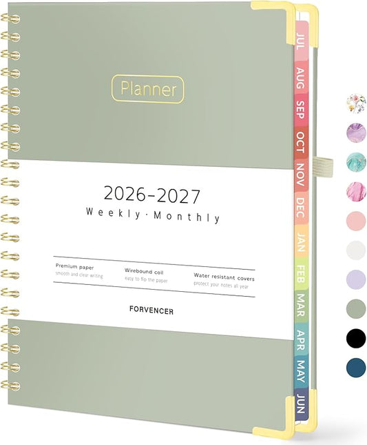 Forvencer Academic Planner 2026-2027, Hardcover Calendar Planner Weekly & Monthly, July 2026 - June 2027, 8.5" x 11", Daily Agenda with Tabs, College School Organizer for Student Teacher, Olive Green