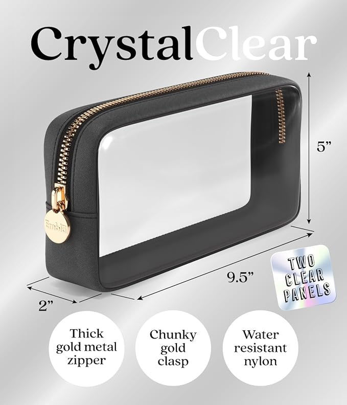 Clear Makeup Bag Zipper Pouch, Transparent Cosmetic Case Organizer, TSA Approved Travel Toiletry Case, Travel Accessories Essentials Makeup Tote for Women, Small Cute Make up Bag for Purse - Black