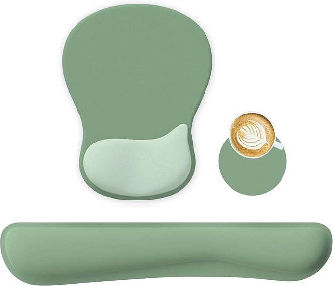WINTOJO Wrist Rest Support for Mouse Pad Keyboard Set, Circle Coaster, Gaming Mouse Pad, Ergonomic Gel Memory Foam Set for Computer, Laptop, Office, Pain Relief, Comfortably Typing, Pure Green, KM-34