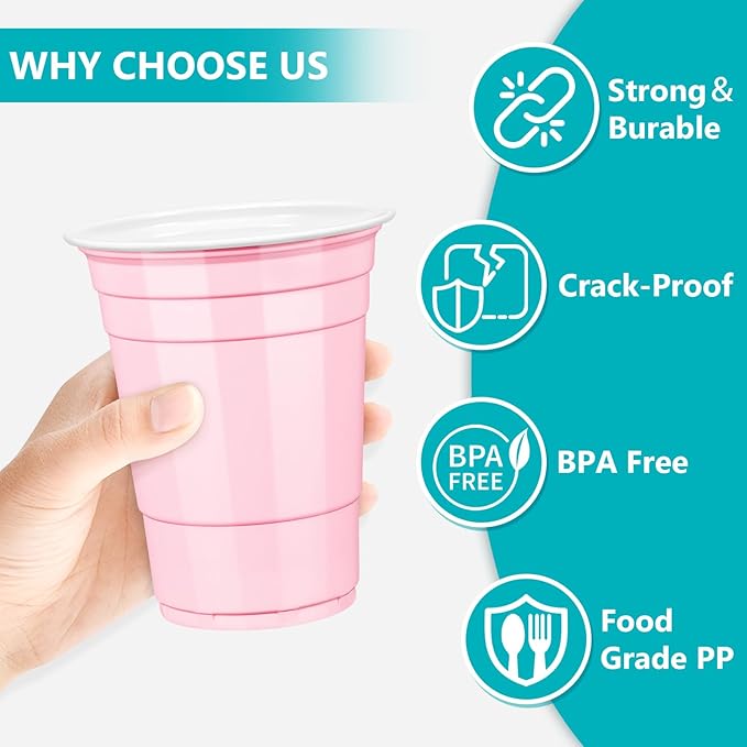 LANLISA 50 Light Pink Plastic Cups, 16 oz Disposable Cups, Drinking Cups For Birthday Party, Valentines, Baby Shower, Easter Party, Mothers Day