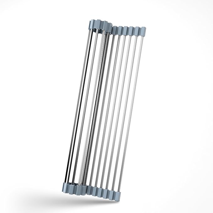 Roll Up Dish Drying Rack Over Sink Silicone Wrapped 304 Square Stainless Steel Dish Drainer Sink Counter Kitchen Home RV Essentials Foldable Sink Organizer,16.93" L×12.91" W,Grey