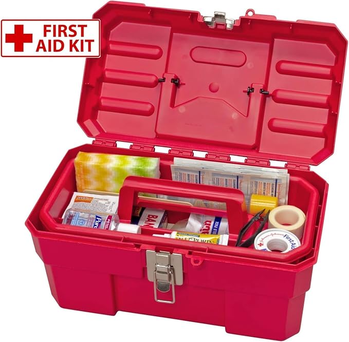Akro-Mils 14-Inch Plastic Toolbox with Removable Tray, Steel Latch & Padlock Eye, Heavy Duty Tool Box for Tools, Crafts, First Aid & Hobby Supplies, 14" x 8" x 8", Made in USA, 6-Pack, Red (09514)