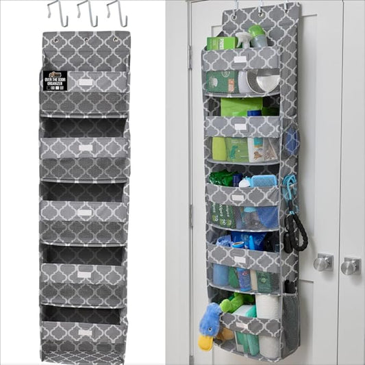 GORILLA GRIP Large Capacity Closet Organizer, 5 Deep Shelves, Holds 50lbs, Over the Door Organizers 6 Mesh Pockets, Shelf Storage for Clothes Crafts Essentials, 3 Metal Hooks, 58x15 Inches, Quatrefoil