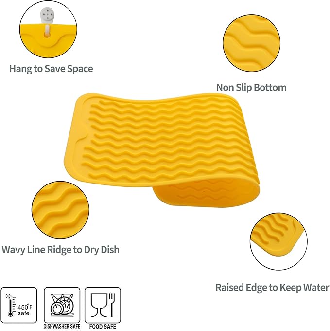 MicoYang Silicone Dish Drying Mat for Multiple Usage,Easy clean,Eco-friendly,Heat-resistant Silicone Mat for Kitchen Counter,Sink,Bar,Bottle,or Cup Yellow M 17 inches x 6 inches