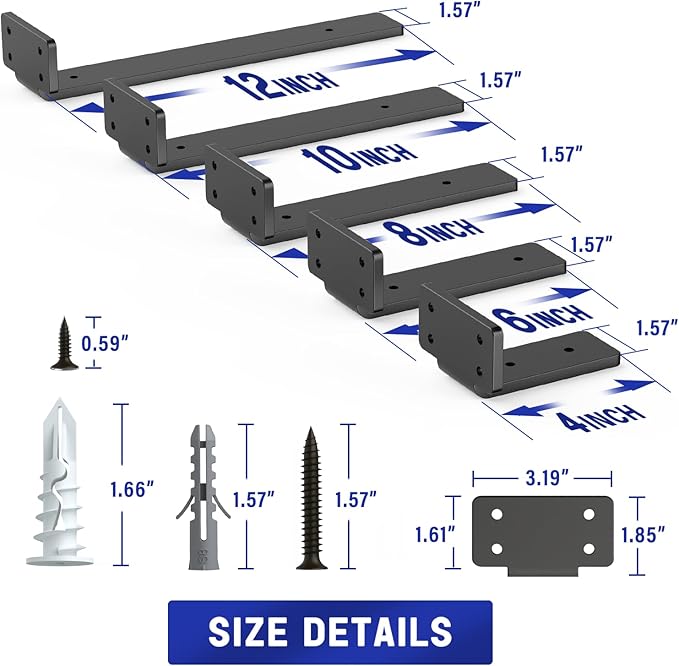 Goovilla Shelf Bracket, Heavy Duty Floating Shelf Brackets 12 inch Long, 4 Pack Brackets for Shelves, Black Coated Metal Wall Shelf Support Brackets with 1/5 Inch Thick and 160 lb. Load Capacity