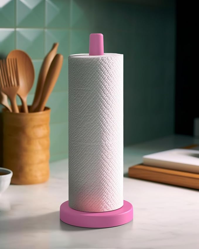 KitchLife Wooden Paper Towel Holder Countertop - Solid Freestanding Paper Towel Dispenser Stand with Anti-Skid Base (Hot Pink)