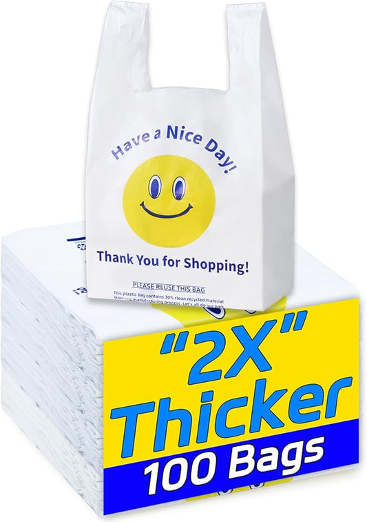 0.8Mil(20 Microns), 100 Count, Plastic Bags with Handles, T-Shirt bag, Thank You bags, Shopping Bag, Grocery Bag, |for Store, Carry, Pack|, White, 1/6 Barrel, Large 11"x6"x21", Heavy Duty