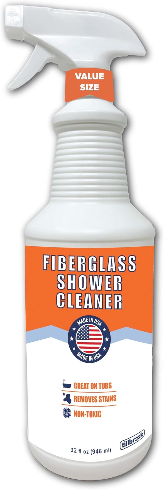 Tillbrook Fiberglass Shower Cleaner - 32 oz Fiberglass Cleaner for Bathtubs, Showers, Tile, Faucets & Bathrooms - Helps Remove Stains from Rust, Soap Scum & Hard Water - Streak-free, Non-Toxic Spray