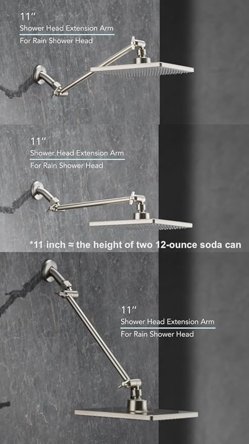 11 Inch Adjustable Shower Head Extension Arm With Locking Set Screw, Singing Rain 304 Stainless Steel Nickel Brushed Angle Height Adjustable, G1/2 Universal Connector Compatible (Nickel Brushed)