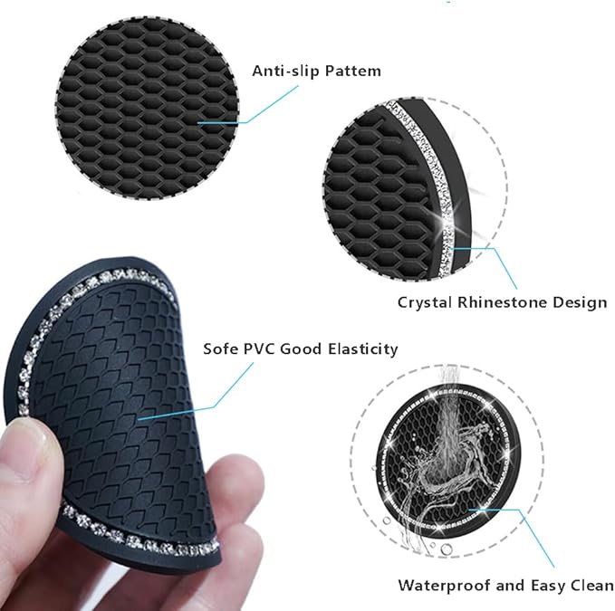 Car Coasters for Cup Holders, 2.75 Inch Auto Cup Holder Insert Coasters Silicone Anti-Slip Crystal Rhinestone Cute Drink Car Cup Mat, 4PCS Bling Car Accessories for Women & Lady (Black)