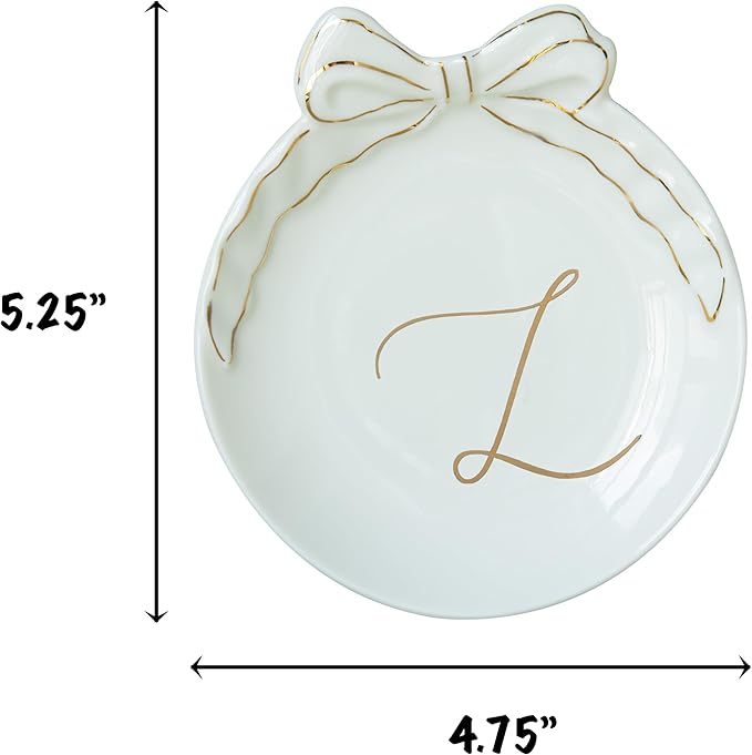 COLLECTIVE HOME - Personalized Initial Ceramic Jewelry Tray with Bow, Christmas Gift Ideas for Women, Small Gift for Girlfriend Wife, Ring Holder, Earrings Dish, Birthday Gift for Her (L)