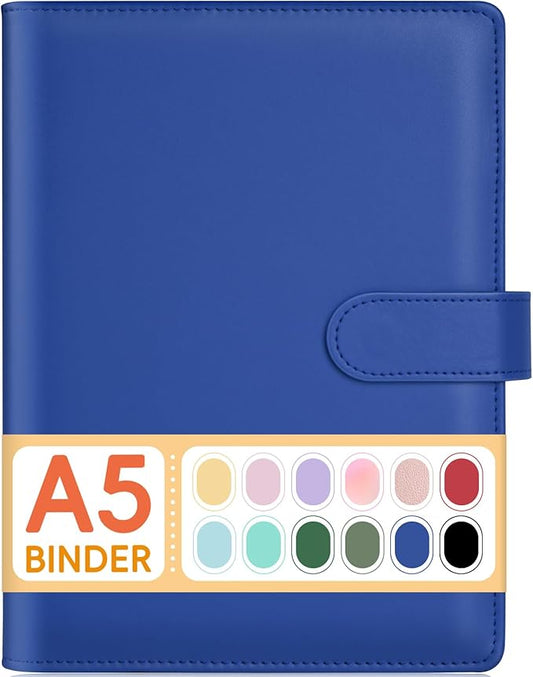 Sooez A5 Notebook Binder, 6 Ring Planner with Stylish Design, Loose Leaf Personal Organizer Cover with Magnetic Buckle Closure, PU Leather Binder for Women with Soft Colors (Navy Blue)