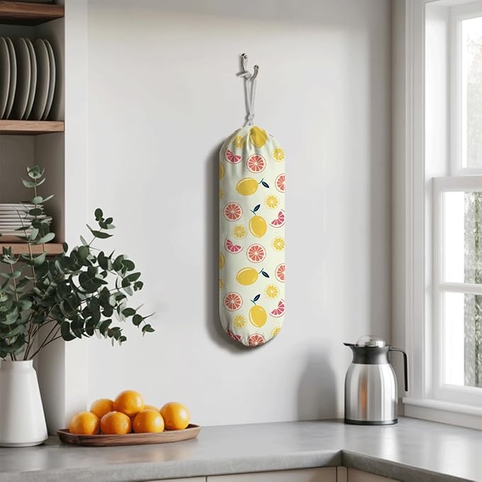Lemons Plastic Bag Holder, Reusable Hanging Grocery Bags Holder, Pantry Organization, Summer Home Decor for Kitchen, Housewarming Gifts for Women, Kitchen Pattern Garbage Bag 63