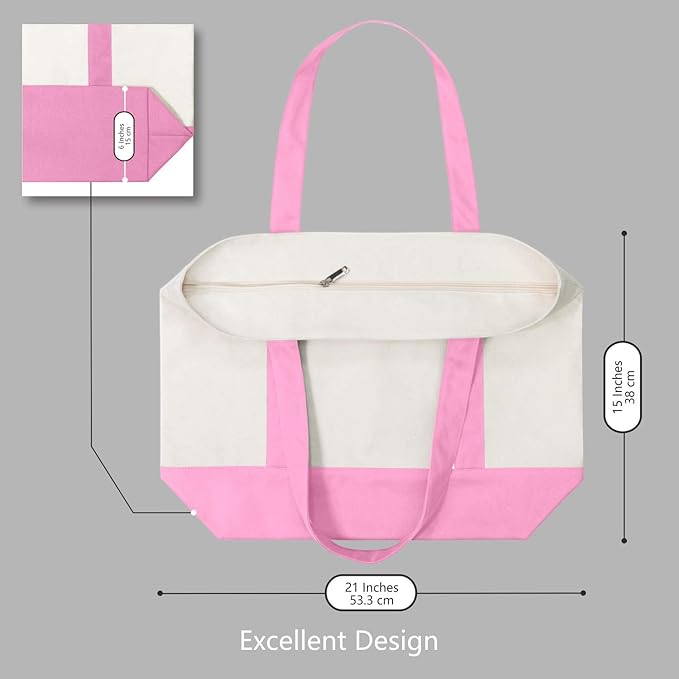 TOPDesign 6-Pack Canvas Tote Bags with an External Pocket, Reusable Grocery Shopping Bags, Top Zipper Closure, Daily Essentials (Pink/Natural)