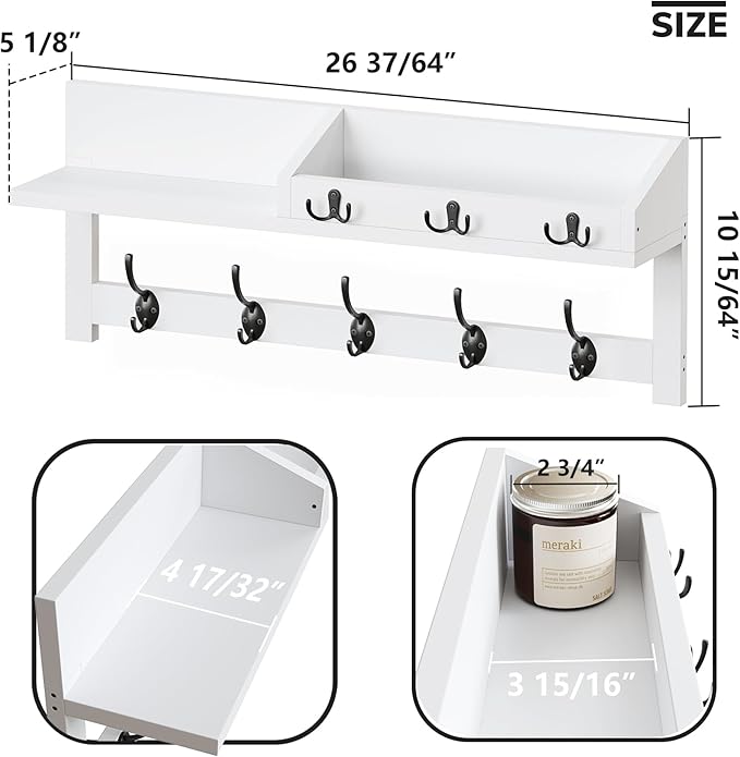 AMBIRD Wall Hooks with Shelf, 26.57 Inch Entryway Wood Coat Hooks for Wall, Coat Rack Wall Mount with 5 Dual Hooks 3 Key Hooks Mail Organizer and Key Rack Holder (White)