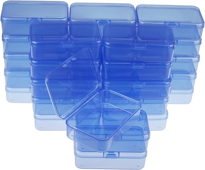LJY 28 Pieces Rectangular Empty Mini Clear Plastic Organizer Storage Box Containers with Hinged Lids (3.3 x 2.2 x 1 inch, Blue)