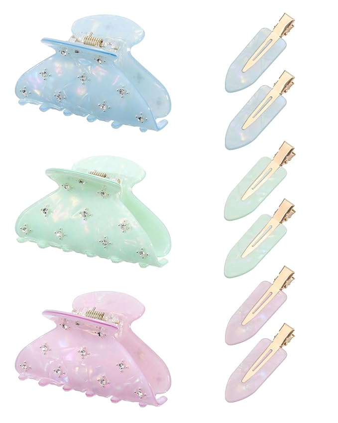 6PCS Acrylic Marbled Hair Claw Clips - Include No Bend No Crease Hair Clips and Medium Rhinestone Claw Clip, Cute Stylish Hair Accessories for Women Makeup, Strong Hold Non Slip for Thick Thin Hair