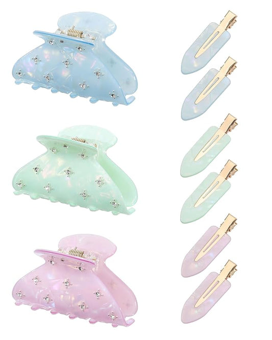 6PCS Acrylic Marbled Hair Claw Clips - Include No Bend No Crease Hair Clips and Medium Rhinestone Claw Clip, Cute Stylish Hair Accessories for Women Makeup, Strong Hold Non Slip for Thick Thin Hair